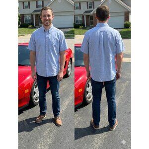 Vtg Claybrooke Mens 17 Short Sleeve Button Down Oxford Shirt Blue Made in USA